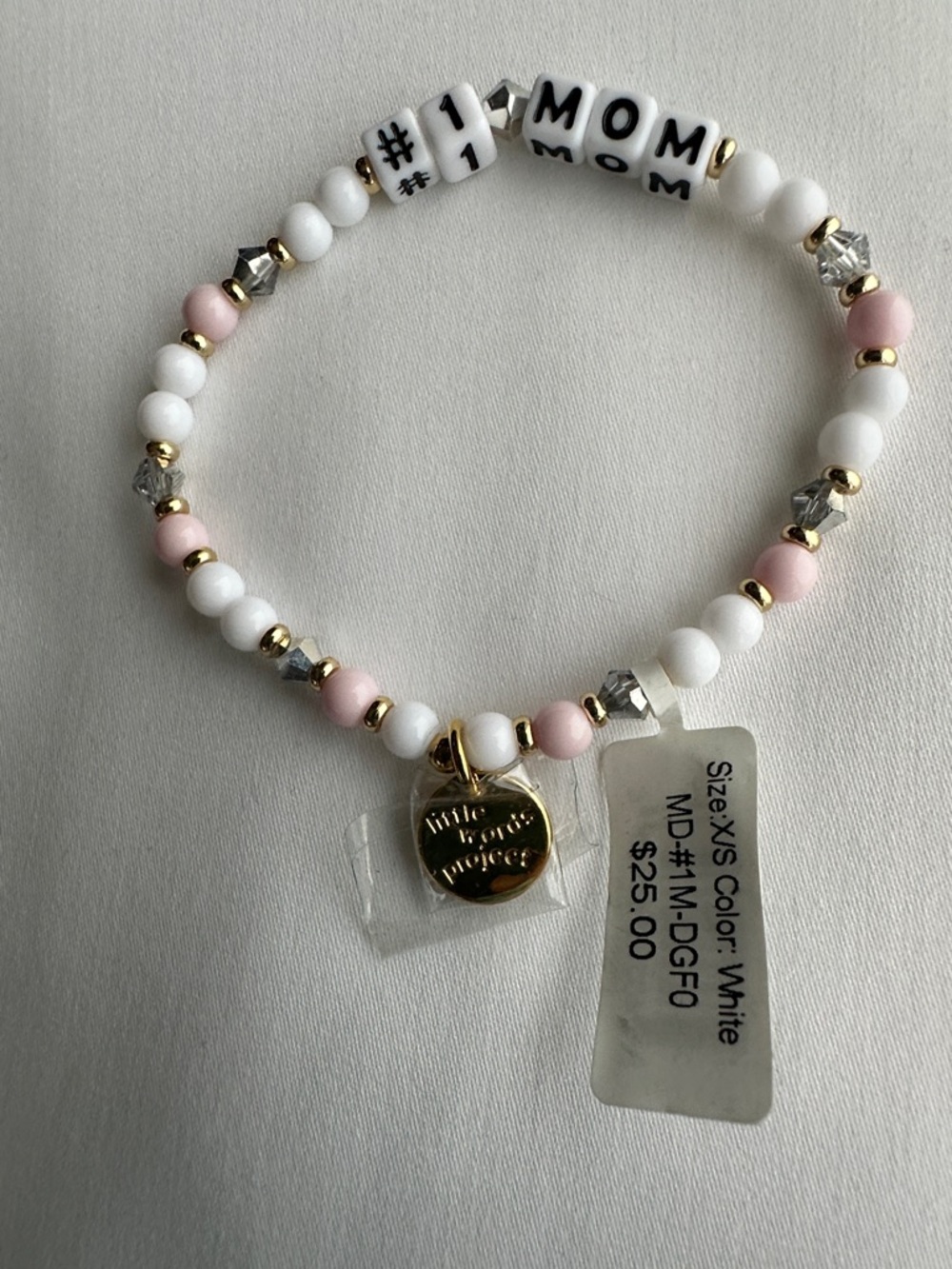 Little Words Project #1 MOM Beaded Stretch Bracelet in White & Pink size XS